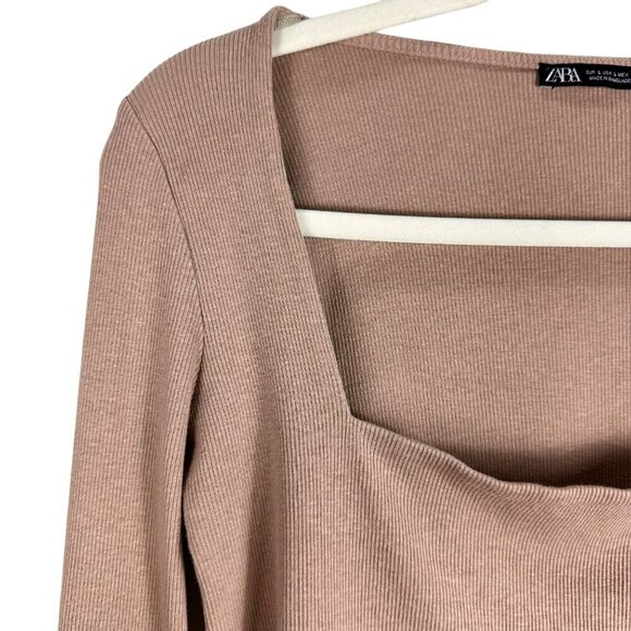 2/$30 Zara Tan Caramel Square Neckline Ribbed Crop Top Long Sleeves Size Large - Picture 5 of 14